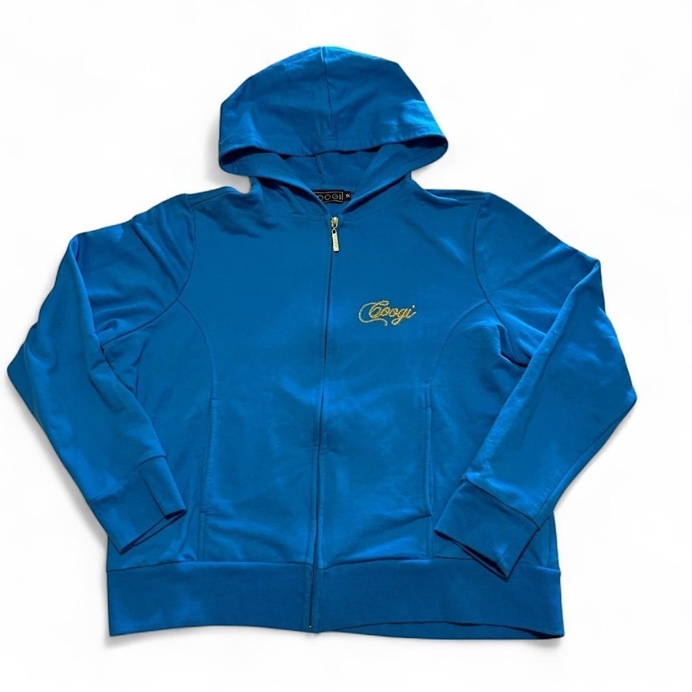 VTG COOGI Women's 1X Crop Zip Up Hoodie Rhinestone Logo Blue Pockets